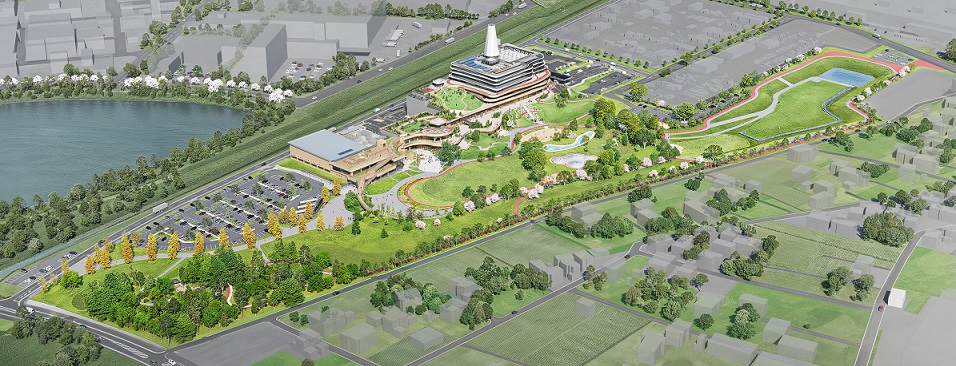 新ごみ処理施設、余熱利用施設、（仮称）本多静六記念　市民の森・緑の公園全体の鳥瞰図